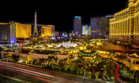 The Las Vegas Strip and Bellagio Water Fountain Show is viewed after dark