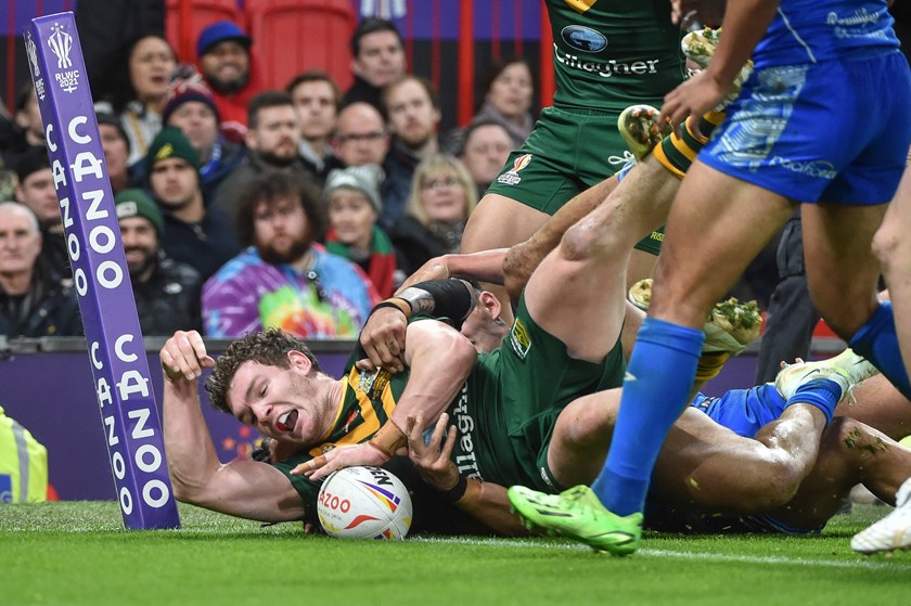 Liam Martin scores against Samoa in the Rugby League World Cup final in Manchester last year.