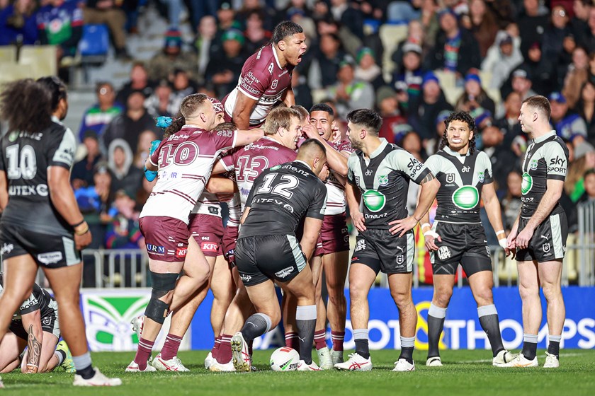 United....the Sea Eagles celebrate Jakob Arthur's try