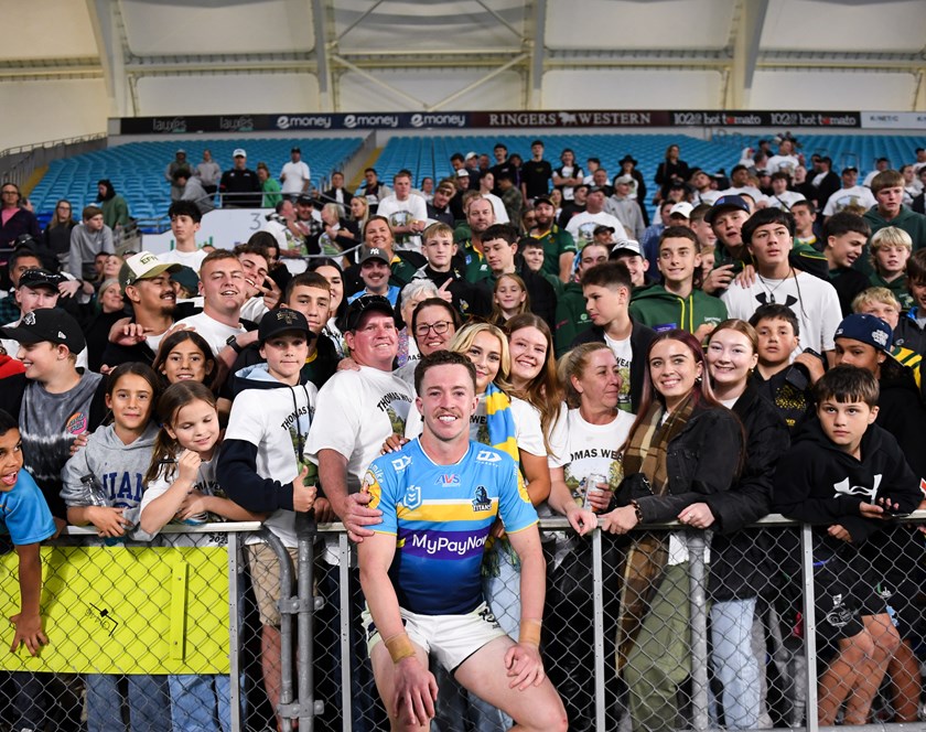 Tom Weaver with his supporters following his NRL debut for the Titans.