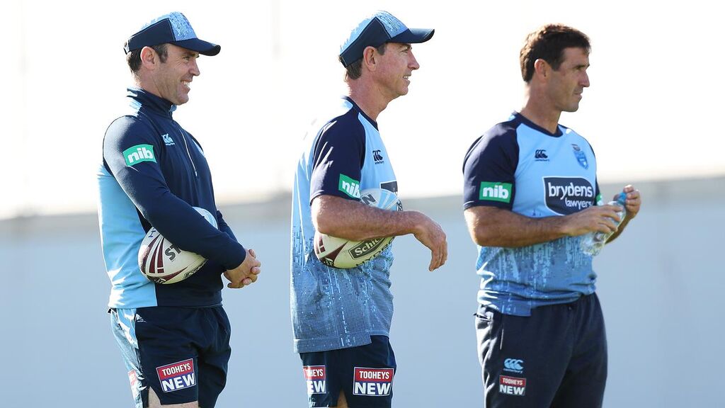 NSW coaching staff Brad Fittler, Greg Alexander and Andrew Johns. Picture: Brett Costello