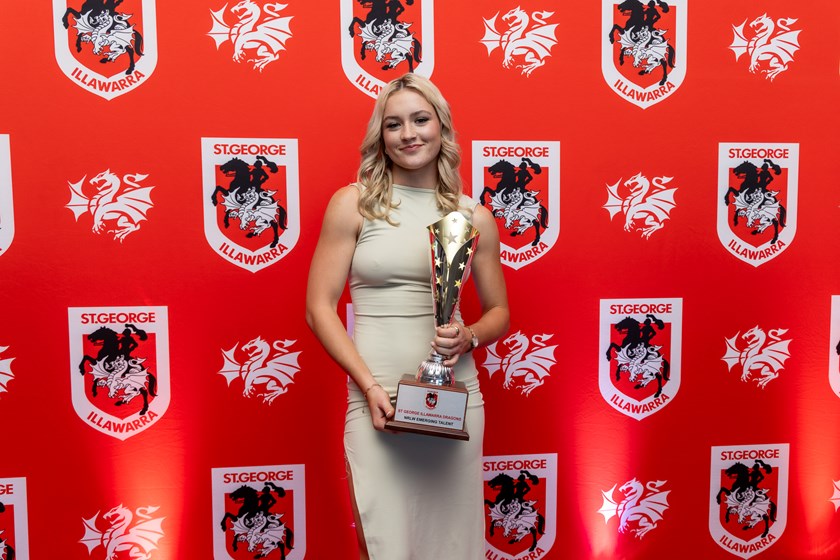 Ella Koster poses with the Dragons NRLW Emerging Talent Award.