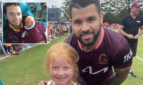 Amelia Hillhouse was ecstatic to meet captain Adam Reynolds at a Brisbane Broncos fan day this week, having ‘watched’ her first NRL grand final aged five days with dad Daniel (inset).