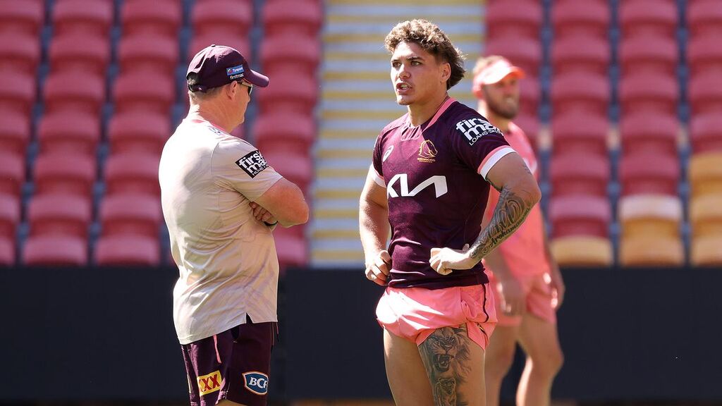 Coach Kevin Walters and Reece Walsh, who looms as Brisbane’s trump card. Picture: Liam Kidston