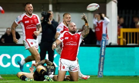 Sam Luckley celebrates after scoring in the second half against Leigh.