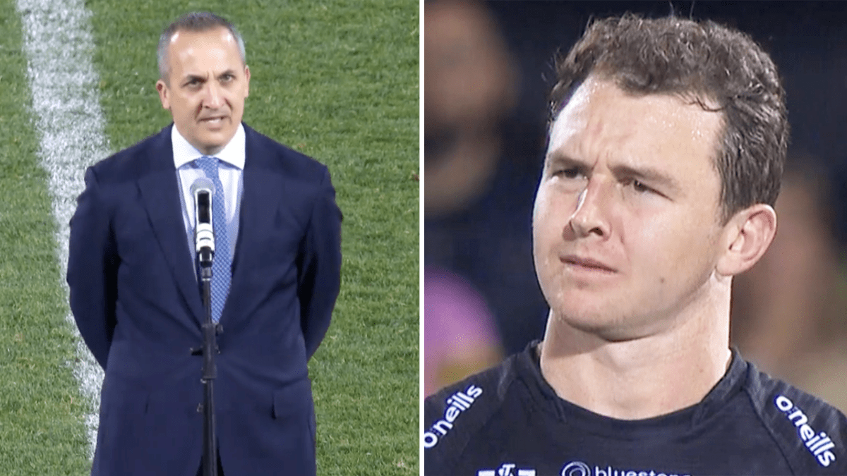 Dylan Edwards' epic reaction after NRL boss' embarrassing speech gaffe