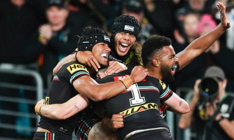 Stephen Crichton, Jarome Luai, Dylan Edwards and Sunia Turuva celebrate a try.