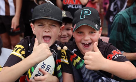 Young Panthers fans look on during a Penrith Panthers NRL training session on Tuesday, 26 September, 2023.