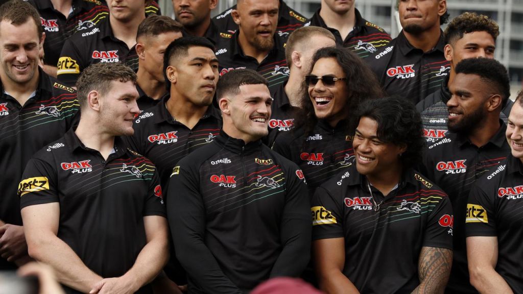 Jarome Luai shares a laugh with Panthers teammates including co-captain Nathan Cleary. Picture: Jonathan Ng