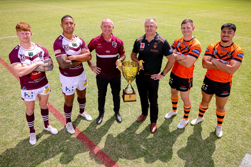 L-R: Burleigh halfback Guy Hamilton, Burleigh captain Sami Sauiluma, Burleigh coach Luke Burt, Brisbane coach Matt Church, Brisbane captain Ryley Jacks and Brisbane centre Solomona Faataape. Photo: Erick Lucero/QRL