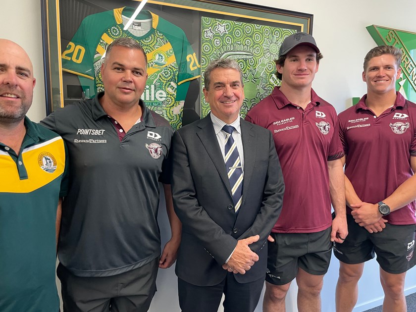 United... (l-r) Luke Caplick (Director of Rugby League), Anthony Seibold, Principal Rob Corboy, Ethan Bullemor, and Reuben Garrick at St Brendan's College, Yeppoon