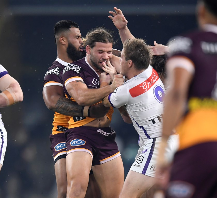 Bit of push and shove between Pat Carrigan, Payne Haas and Harry Grant.