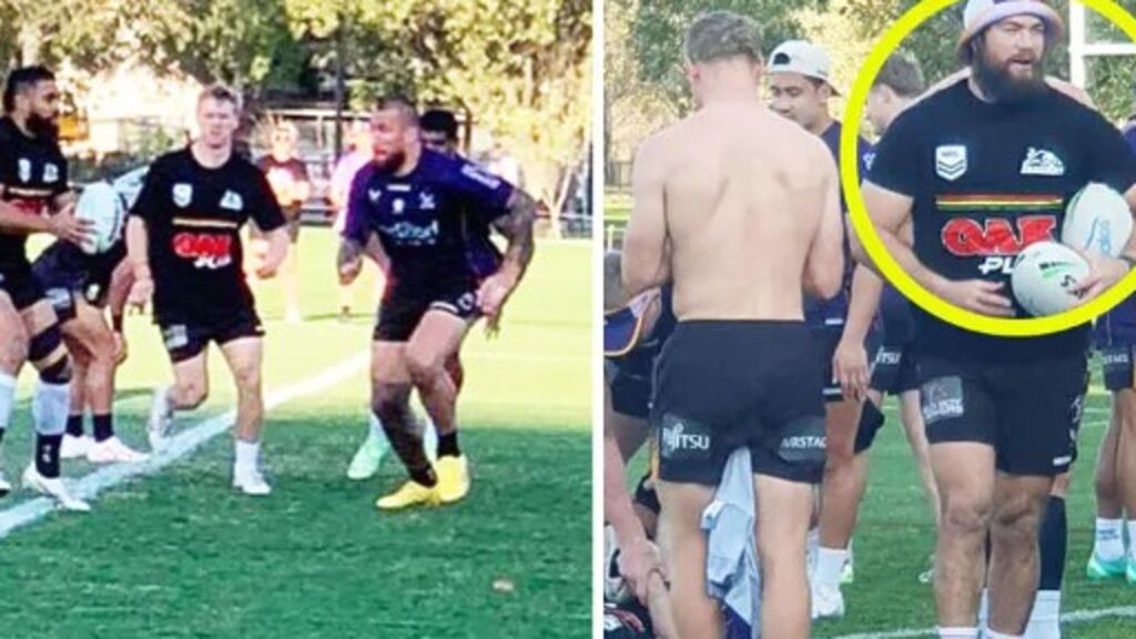 Storm players wearing Penrith jerseys at training.