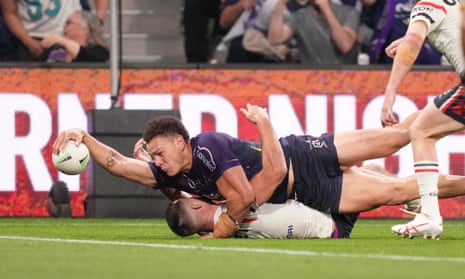 The Storm’s Will Warbrick scores the winning try during the NRL semi-final against Sydney Roosters at AAMI Park in Melbourne.