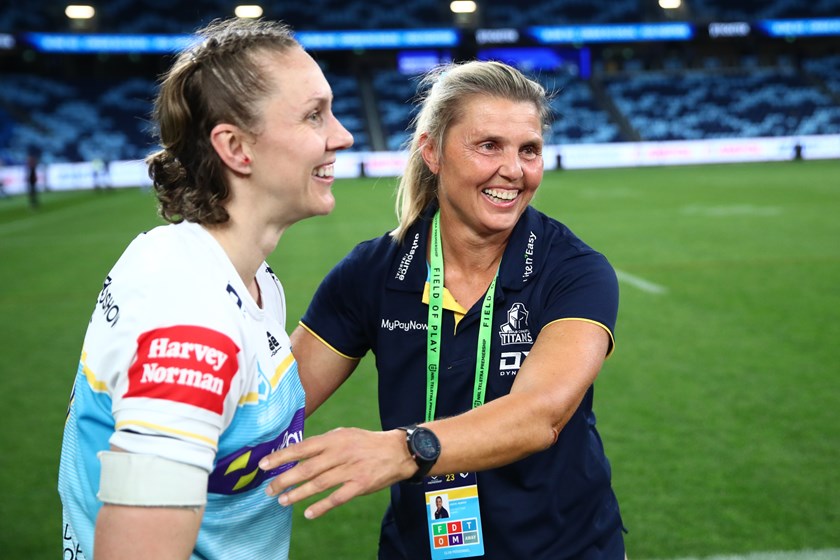 Titans coach Karyn Murphy celebrates with veteran winger Karina Brown