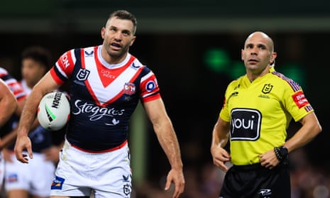 James Tedesco of the Roosters and referee Ashley Klein during a match