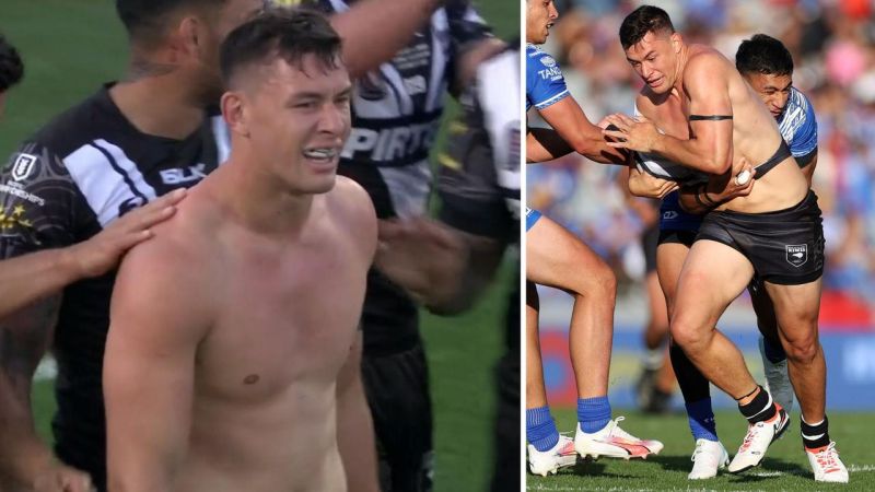 New Zealand centre Joey Manu’s jersey ripped off his back