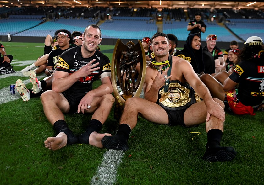 Nathan Cleary, with co-captain Isaah Yeo, wearing the Panthers' UFC-inspired championship belt