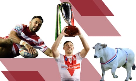 Wigan's Bevan French scores a try, a bull invading the pitch and St Helens' Lewis Dodd with the trophy after beating Penrith.