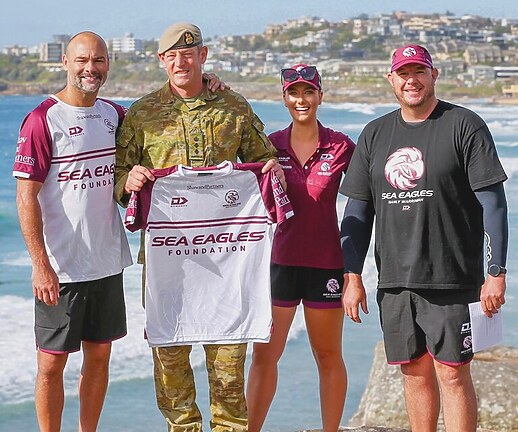 United....Colonel Matt Stevens with Sea Eagles staff (l-r) Brett Stewart (SG Ball Assistant Coach), Hanna Clare (Pathways Operations Manager) and Nathan Hogan (SG Ball Head Coach)