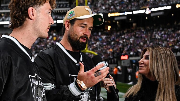 Campbell Graham and Aaron Woods talk NRL at the NFL. Picture: NRL Images