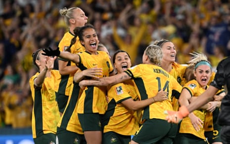 The Matildas celebrating their winning penalty goal which took them through their match with France during the Women's World Cup earlier this year