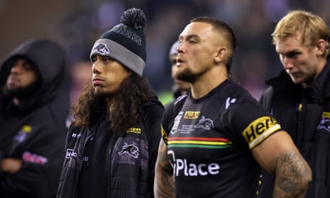 Jarome Luai and James Fisher-Harris of Penrith look on dejected following the Panthers' loss to Wigan in the World Club Challenge