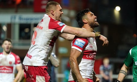 Peta Hiku (right) celebrates scoring his first try for Hull KR in the Super League after signing from North Queensland Cowboys in the off-season.