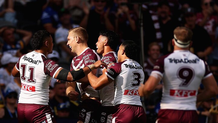 Tom Trbojevic of the Sea Eagles celebrates scoring a tr. (Photo by Cameron Spencer/Getty Images)