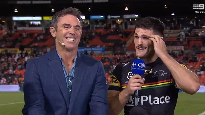 Nathan Cleary was taken aback after the question from Brad Fittler. Pic: Nine