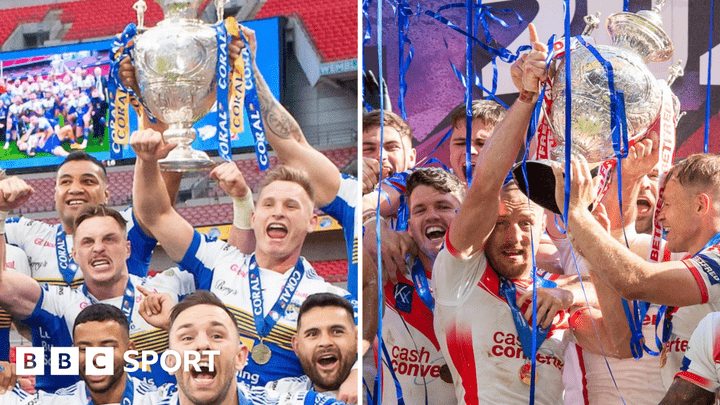 Leeds in 2020 with the Challenge Cup (left) and St Helens triumphant a year later