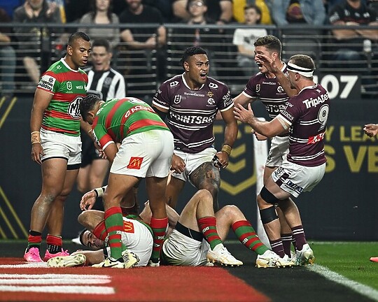 Demolition man...Haumole Olakauátu celebrates his try at Allegiant Stadium