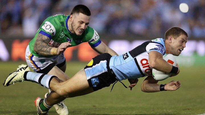 Blayke Brailey of the Sharks scores a try during the comeback win over the Raiders. (Photo by Cameron Spencer/Getty Images)