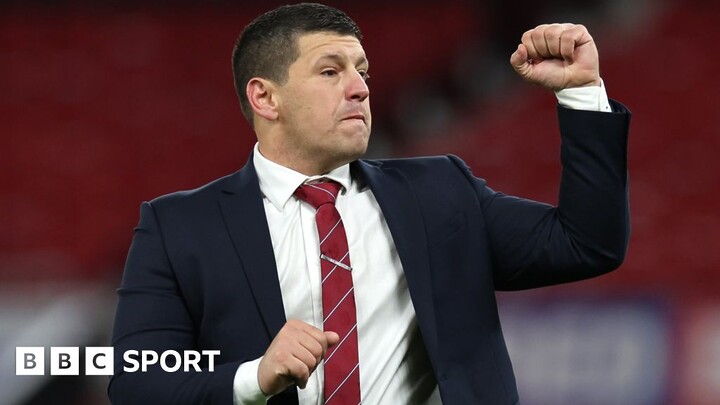 Liam Farrell of Wigan Warriors lift the trophy following victory during the Betfred Super League Final match between Wigan Warriors v Catalans Dragons at DW Stadium on February 24, 2024 in Wigan, England