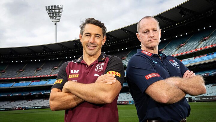 Origin coaches Billy Slater and Michael Maguire at the MCG. Picture: Mark Stewart