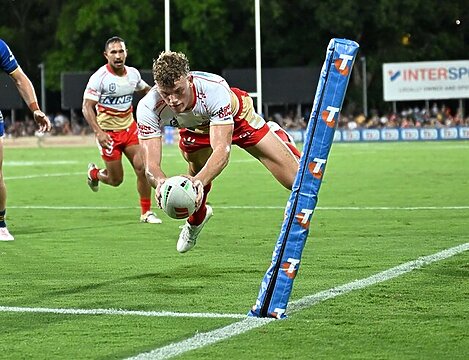 Dolphins winger Jack Bostock scores in the corner in Friday's victory over the Eels