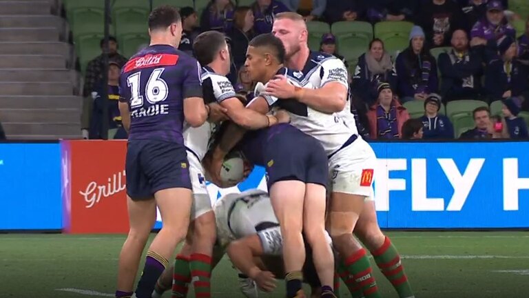 Taane Milne's horror tackle on Cameron Munster. Photo: Fox Sports