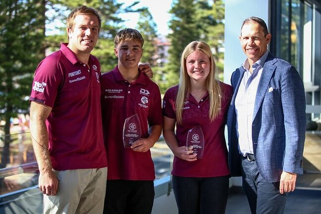 Proud moment....Cruz Death and Lili Boyle with Manly NRL star Jake Trbojevic and Sea Eagles CEO Tony Mestrov with their awards