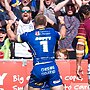 Picture by Olly Hassell/SWpix.com - 19/05/2024 - Rugby League - Betfred Challenge Cup Semi Final - Huddersfield Giants v Warrington Wolves - The Totally Wicked Stadium, St Helens, England - Matt Dufty of Warrington celebrates his try in-front of the Warrington fans and supporters
