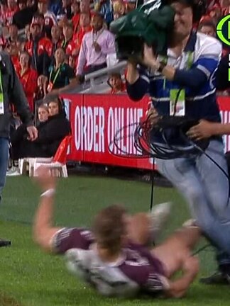 Trbojevic was out of control running into the cameraman. Photo: Fox Sports