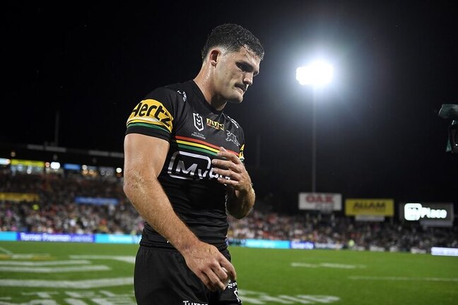 Nathan Cleary walks from the field after suffering a hamstring injury last weekend.