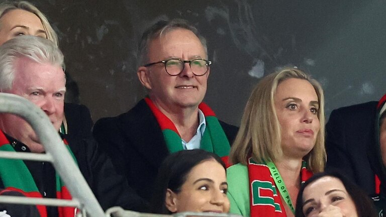 Prime Minister Anthony Albanese watches the Rabbitohs at Accor Stadium. (Photo by Mark Metcalfe/Getty Images)