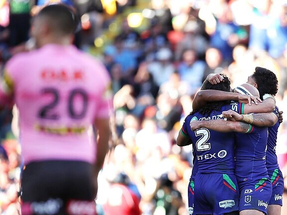 The Warriors celebrate victory against Penrith. Picture: Hannah Peters/Getty Images