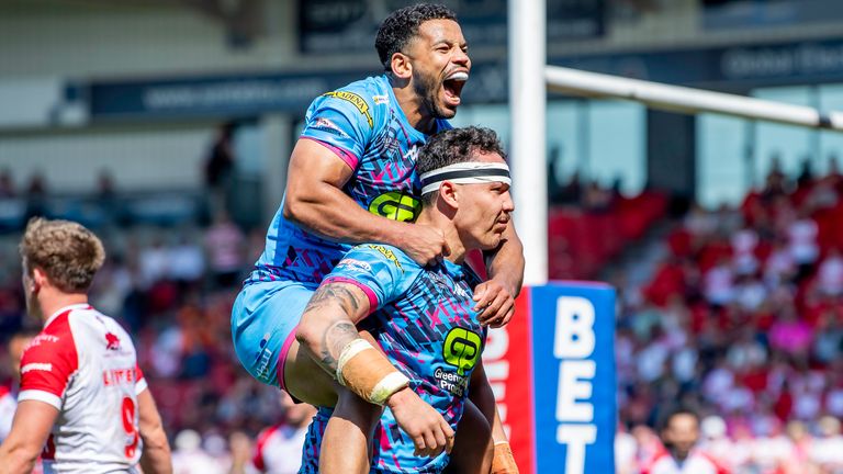 Picture by Allan McKenzie/SWpix.com - 18/05/2024 - Rugby League - Betfred Challenge Cup Semi Final - Hull KR v Wigan Warriors - Eco-Power Stadium, Doncaster, England - Wigan's Kruise Leeming celebrates Tyler Dupree's try against Hull KR.