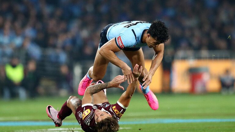 Joseph-Aukuso Suaalii was sent off for this shot on Reece Walsh. Picture: NRL Photos / Brett Costello