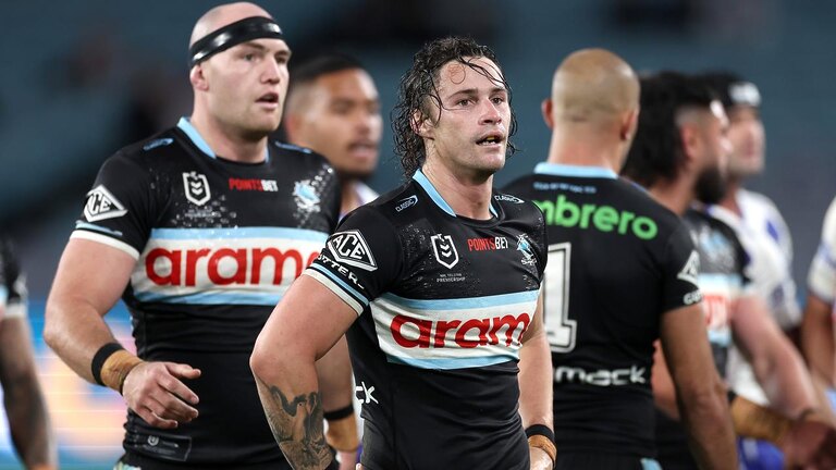 Nicho Hynes missed a golden opportunity to win the game for Cronulla to cap a tough month for the star halfback. Picture: Cameron Spencer/Getty Images