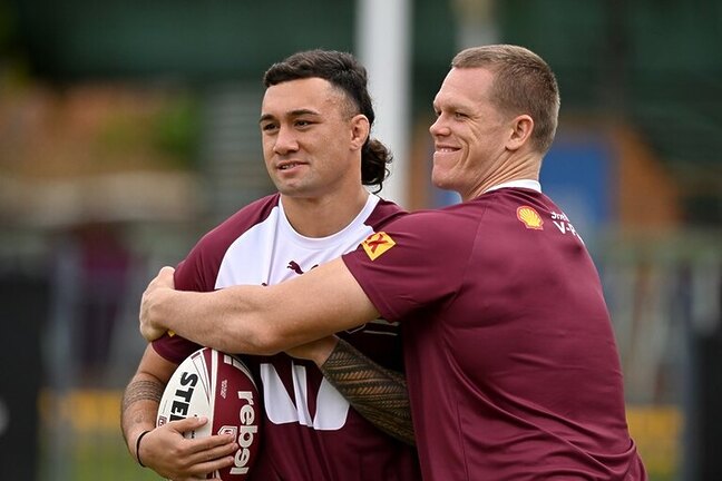 Jaydn Su'A and Lindsay Collins reunited in Origin camp. Both made their Queensland debuts in the 2020 series.