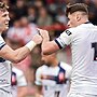 Picture by Alex Whitehead/SWpix.com - 29/06/2024 - Rugby League - International Test - France vs England - Stade Ernest-Wallon, Toulouse, France - Jack Welsby of England celebrates with Harry Newman after scoring a try.