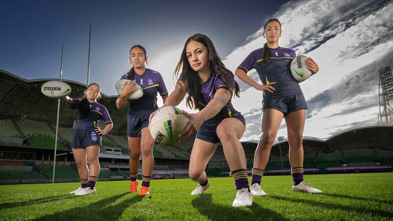 Daliz Feo, Sierra Te’o, Nikita-Jaye Faoa and Akeelah Coffin are in the mix for Melbourne Storm’s new female development squad. Picture: Tony Gough