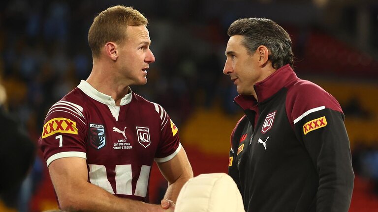 QLD Maroons coach Billy Slater shakes hands with Daly Cherry-Evans of the Maroons after game three. (Photo by Chris Hyde/Getty Images)